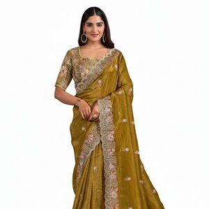 Elegant Women's Embroidered Olive Green Silk Saree with Japan Satin Blouse